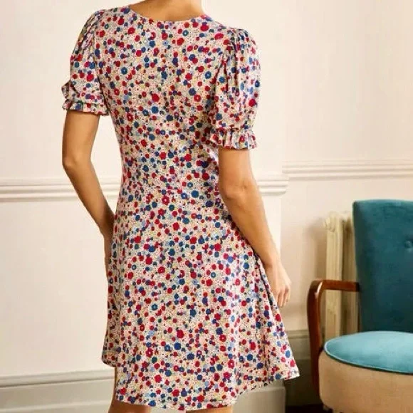 Boden V-Neck Jersey Dress Women’s Size 16 Riviera Blue Floral Stretch Knit Retro - Picture 3 of 12